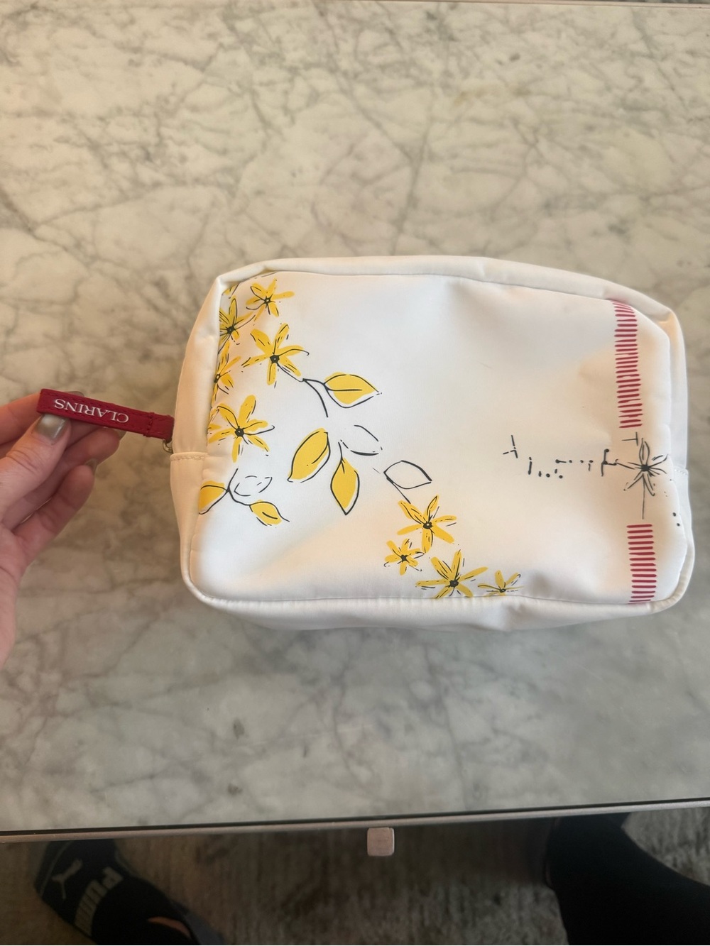 Clarins Paris Cosmetic Makeup Bag Yellow Floral Gingham Red Zip 8”